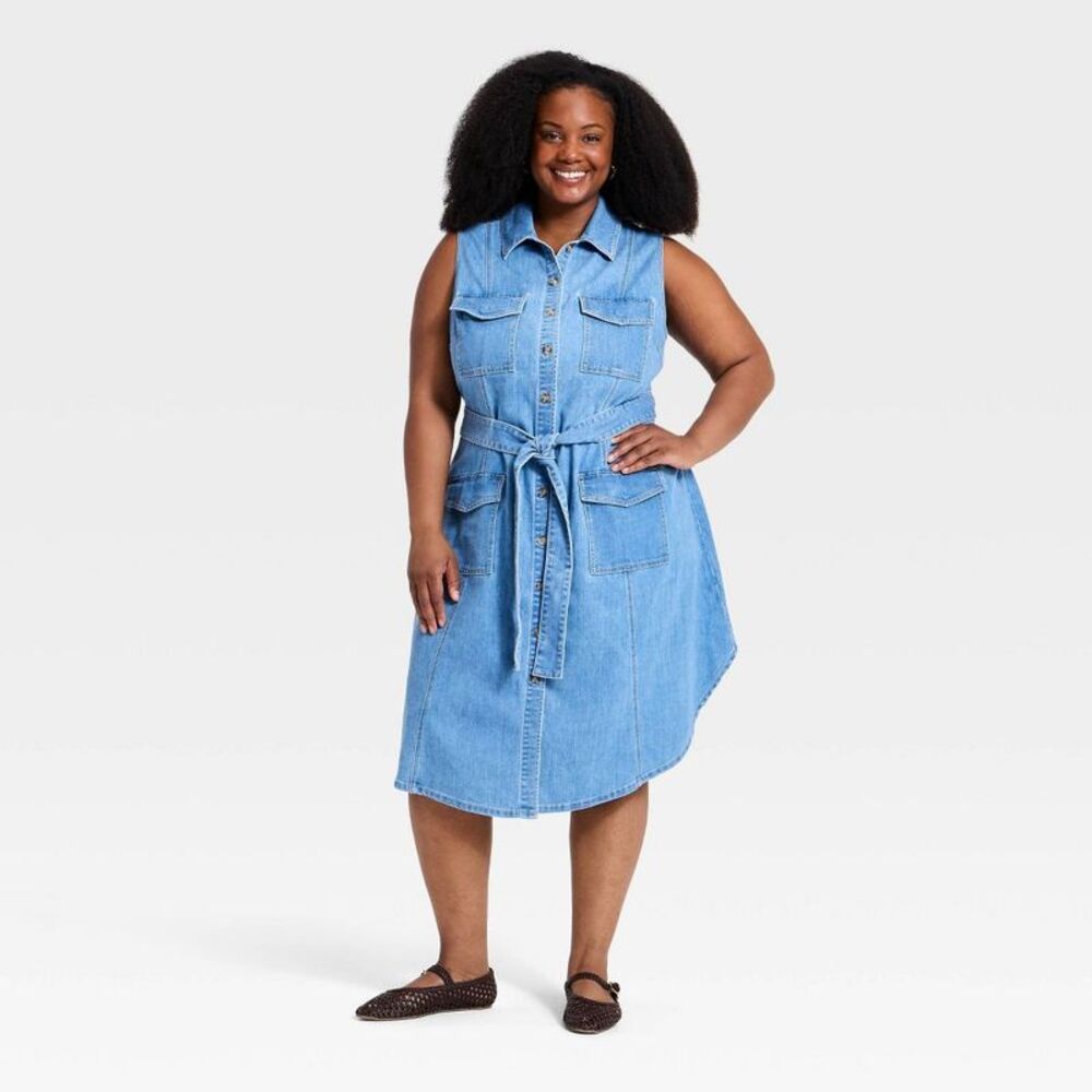Women's Plus Sleeveless Denim Utility Midi Shirtdress - Ava & Viv Medium Wash 24
